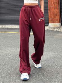 Letter Graphic Drawstring Waist Joggers - Burgundy - View 6