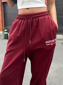 Letter Graphic Drawstring Waist Joggers - Burgundy - View 7