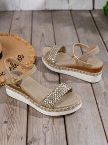 NỮ Kim loại Chi tiết bện Dây đeo mắt cá chân Dép quai hậu , Kỳ nghỉ Dép xăng đan - Vàng - Xem 3