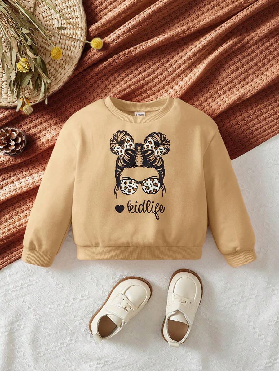 SHEIN Baby Girl Letter & Figure Graphic Sweatshirt - Khaki - View 1