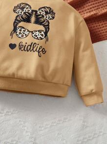 SHEIN Baby Girl Letter & Figure Graphic Sweatshirt - Khaki - View 3