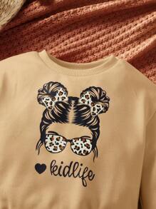 SHEIN Baby Girl Letter & Figure Graphic Sweatshirt - Khaki - View 4