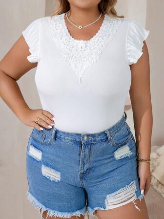 SHEIN VCAY 大碼拼接水溶蕾絲荷葉邊T恤