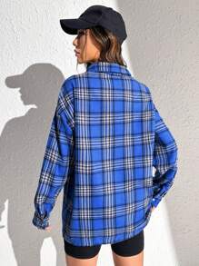 SHEIN EZwear 格紋印花落肩袖襯衫不附吊帶上衣 - 藍色 - 查看 2