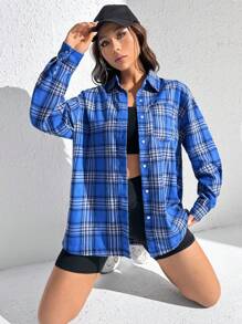 SHEIN EZwear 格紋印花落肩袖襯衫不附吊帶上衣 - 藍色 - 查看 4