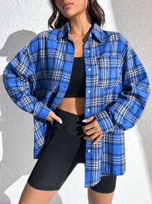 SHEIN EZwear 格紋印花落肩袖襯衫不附吊帶上衣 - 藍色 - 查看 3