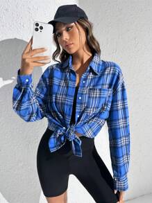 SHEIN EZwear 格紋印花落肩袖襯衫不附吊帶上衣 - 藍色 - 查看 5