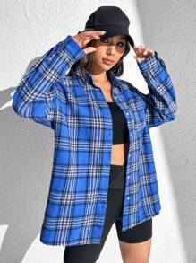 SHEIN EZwear 格紋印花落肩袖襯衫不附吊帶上衣 - 藍色 - 查看 6