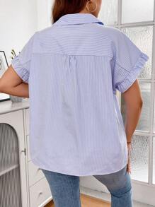 SHEIN Privé Plus Striped Print Batwing Sleeve Shirt - Blue and White - View 2