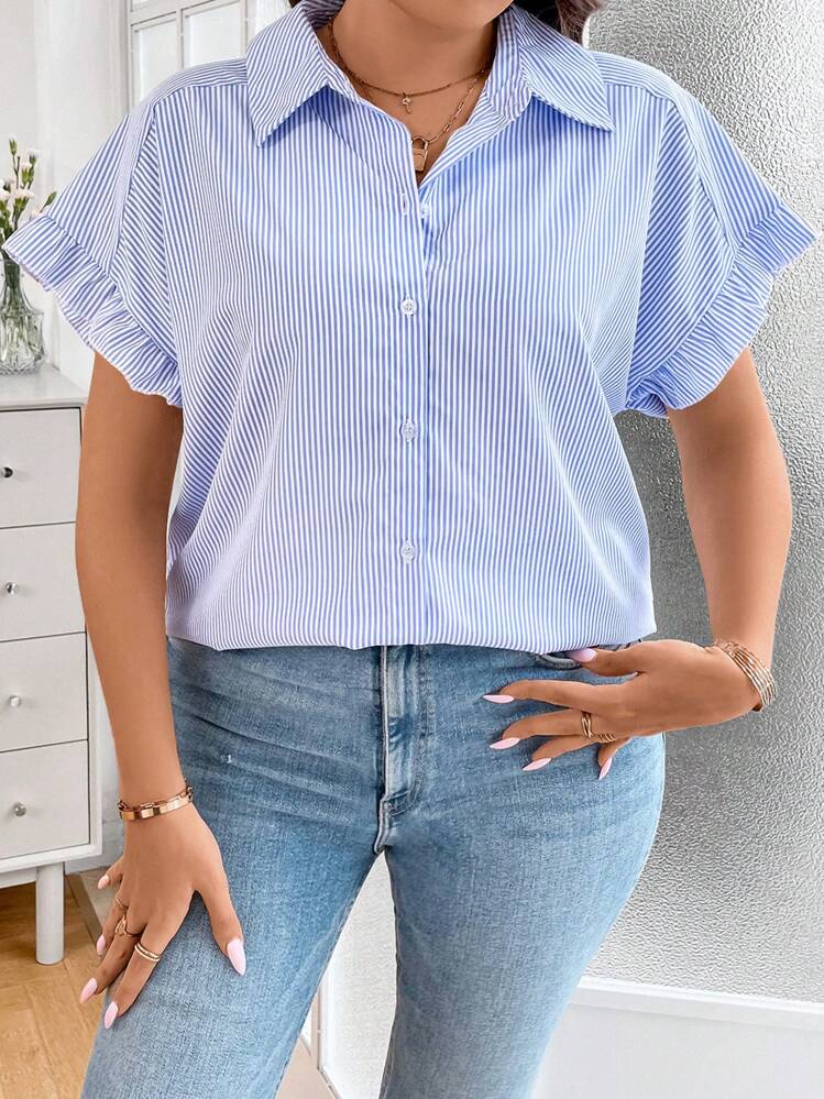 SHEIN Privé Talla grande Camisa con estampado de rayas de manga murciélago - Azul y blanco - Añade 6