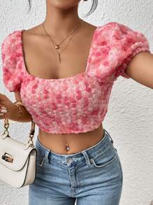 SHEIN WYWH Stereo Floral Puff Sleeve Crop Blouse - Pink - View 1