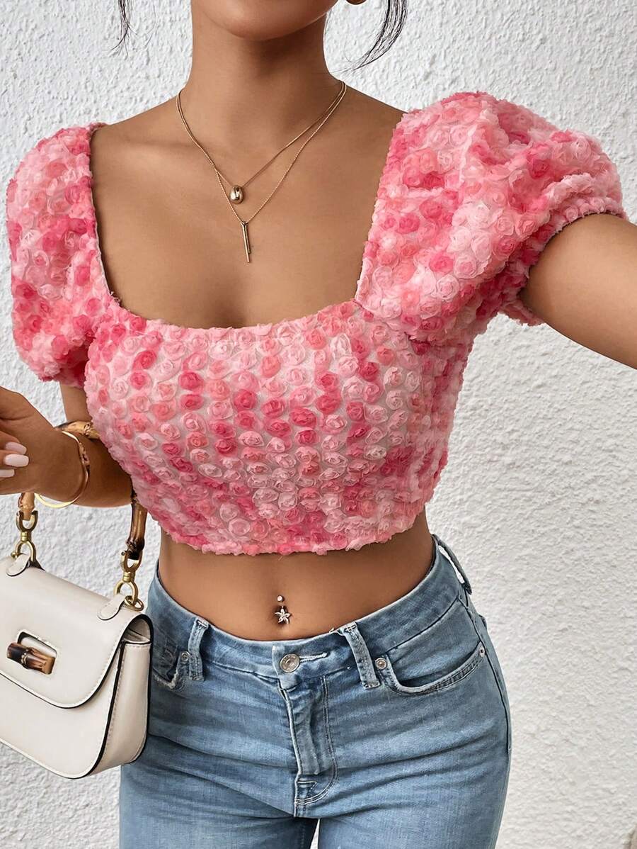 SHEIN WYWH Stereo Floral Puff Sleeve Crop Blouse - Pink - View 1