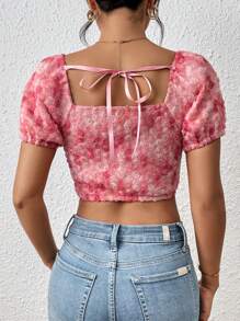 SHEIN WYWH Stereo Floral Puff Sleeve Crop Blouse - Pink - View 2