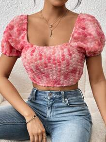 SHEIN WYWH Stereo Floral Puff Sleeve Crop Blouse - Pink - View 3