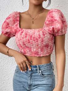 SHEIN WYWH Stereo Floral Puff Sleeve Crop Blouse - Pink - View 4