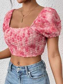SHEIN WYWH Stereo Floral Puff Sleeve Crop Blouse - Pink - View 5