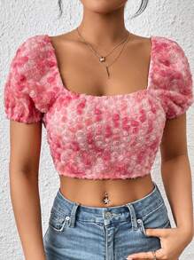SHEIN WYWH Stereo Floral Puff Sleeve Crop Blouse - Pink - View 6