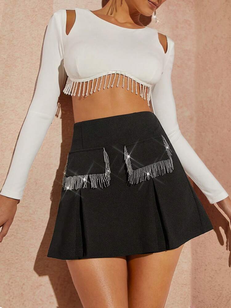 Fringe Trim Flap Pocket Pleated Skort