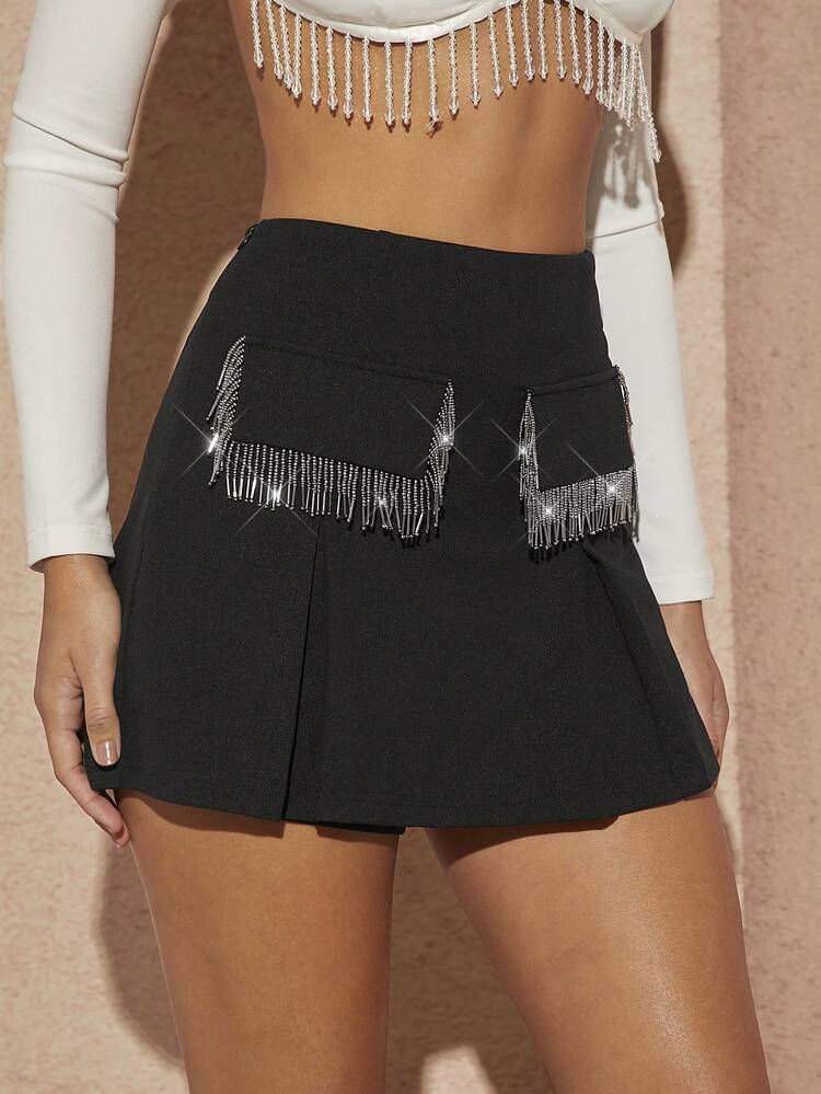 Fringe Trim Flap Pocket Pleated Skort