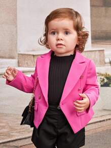 SHEIN 女嬰雙排釦翻蓋細節外套 - 玫紅色 - 查看 3