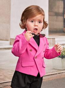 SHEIN 女嬰雙排釦翻蓋細節外套 - 玫紅色 - 查看 5