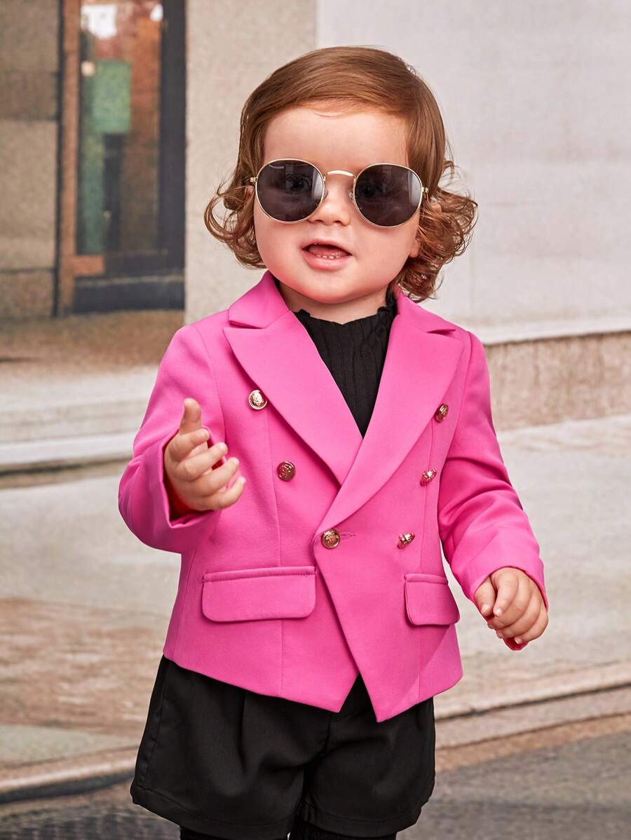 SHEIN 女嬰雙排釦翻蓋細節外套 - 玫紅色 - 查看 1