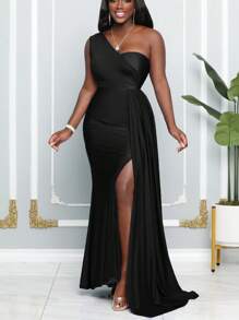 Bridesmaid Dresses Asymmetrical Neck Draped Side Split Thigh Dress Black Elegant Formal Evening Prom Wedding Guest Gown, For Graduation, Dinner Party Dress - Black - View 1