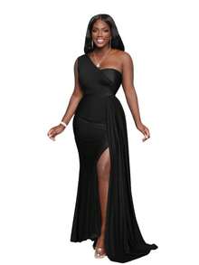 Bridesmaid Dresses Asymmetrical Neck Draped Side Split Thigh Dress Black Elegant Formal Evening Prom Wedding Guest Gown, For Graduation, Dinner Party Dress - Black - View 3