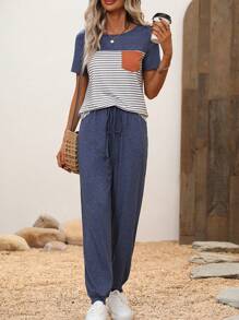 SHEIN LUNE Striped Patched Pocket Tee & Knot Front Joggers - Multicolor - View 1