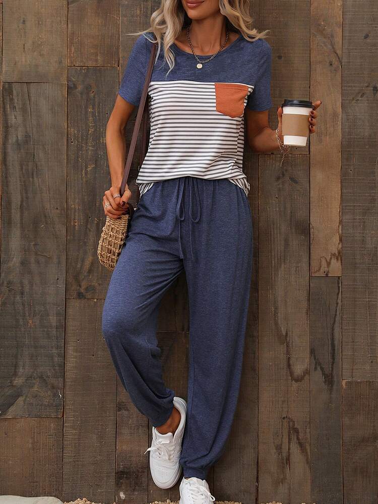 SHEIN LUNE de rayas con parche con bolsillo Camiseta & con nudo delantero Pantalones deportivos - Multicolor - Añade 6