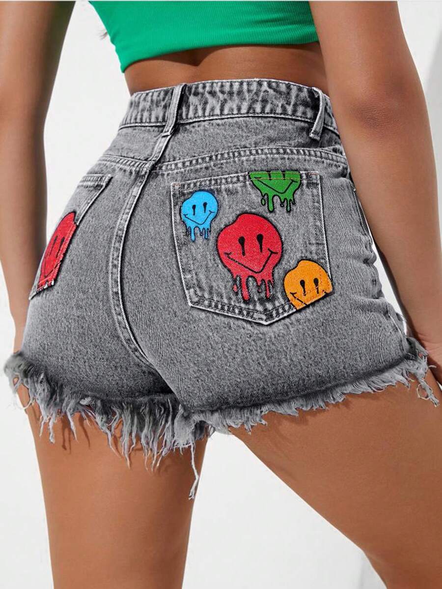 Cartoon Face Print Raw Hem Denim Shorts - Light Grey - View 1