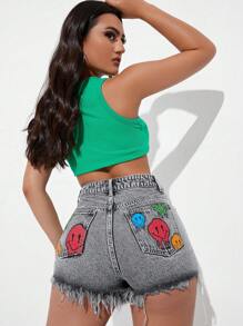 Cartoon Face Print Raw Hem Denim Shorts - Light Grey - View 2