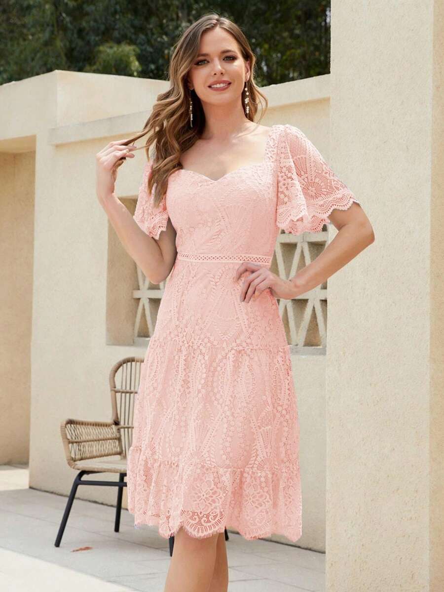 Vestido escote corazón de manga mariposa bajo con fruncido con encaje - Rosa Pálido - Ver 1