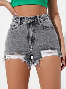 Cartoon Face Print Raw Hem Denim Shorts - Light Grey - View 3