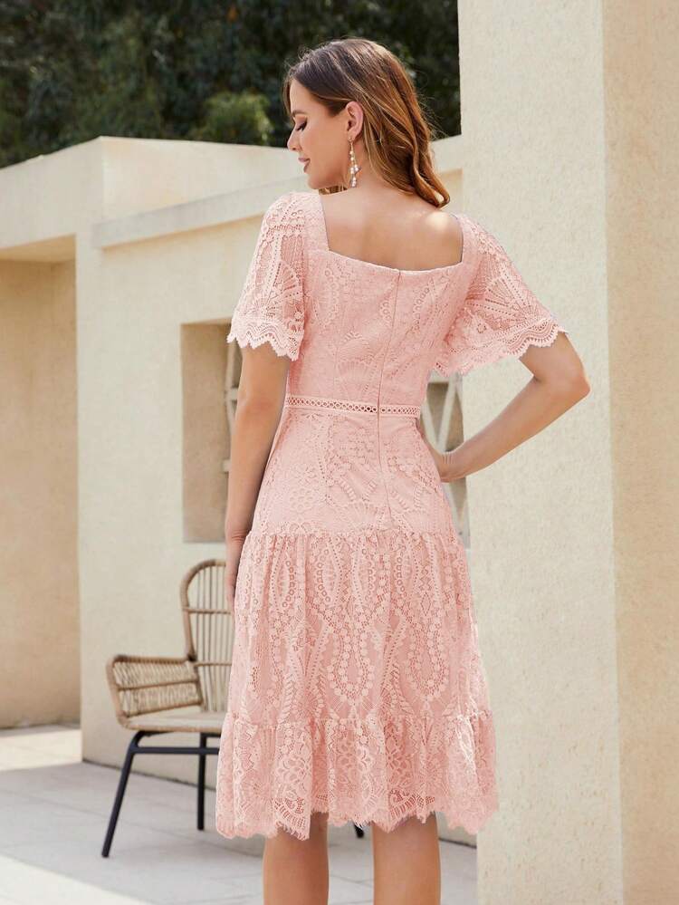 Vestido escote corazón de manga mariposa bajo con fruncido con encaje - Rosa Pálido - Añade 2