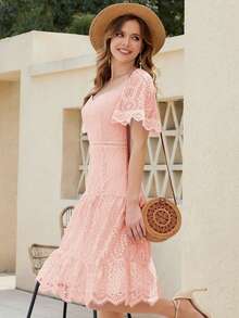 Vestido escote corazón de manga mariposa bajo con fruncido con encaje - Rosa Pálido - Ver 3