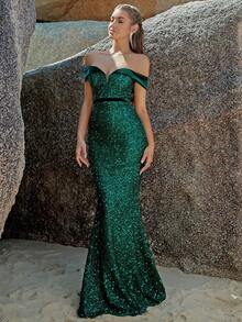 ADYCE Vestido de vestir de hombros descubiertos con lentejuelas bajo sirena - Verde - Ver 3