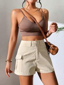 SHEIN Unity 側翻蓋口袋工裝短褲 - 卡其色 - 查看 4