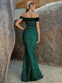 ADYCE Vestido de vestir de hombros descubiertos con lentejuelas bajo sirena - Verde - Ver 2