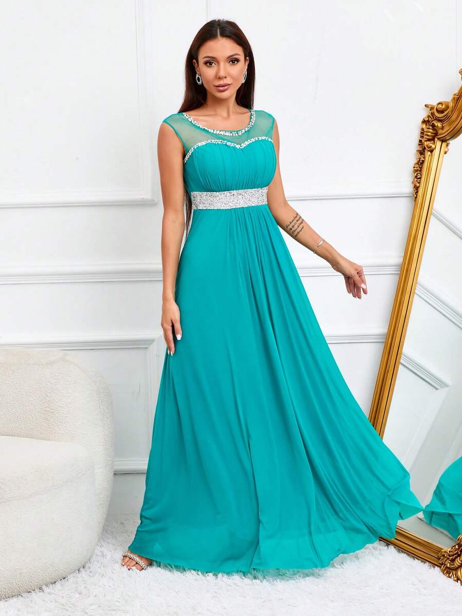 Contrast Mesh Rhinestone Detail Party Dress - Green - View 1
