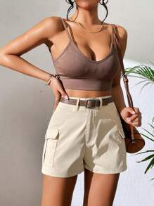 SHEIN Unity 側翻蓋口袋工裝短褲 - 卡其色 - 查看 5