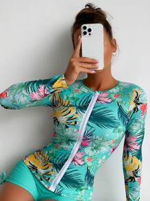SHEIN Swim Summer Beach Tropical Print Zip Front Rashguard - Mint Blue - View 1