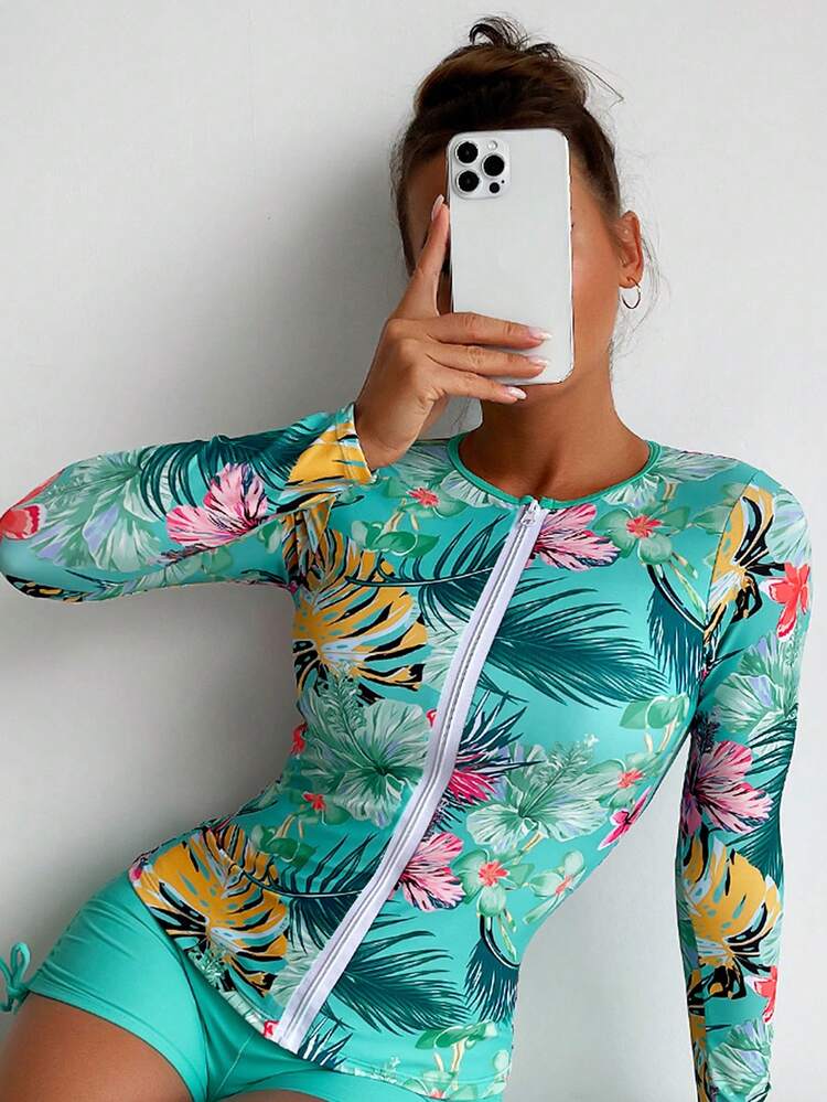 SHEIN Swim 夏日海滩热带印花前拉链防晒衣 - 薄荷藍 - 查看 1