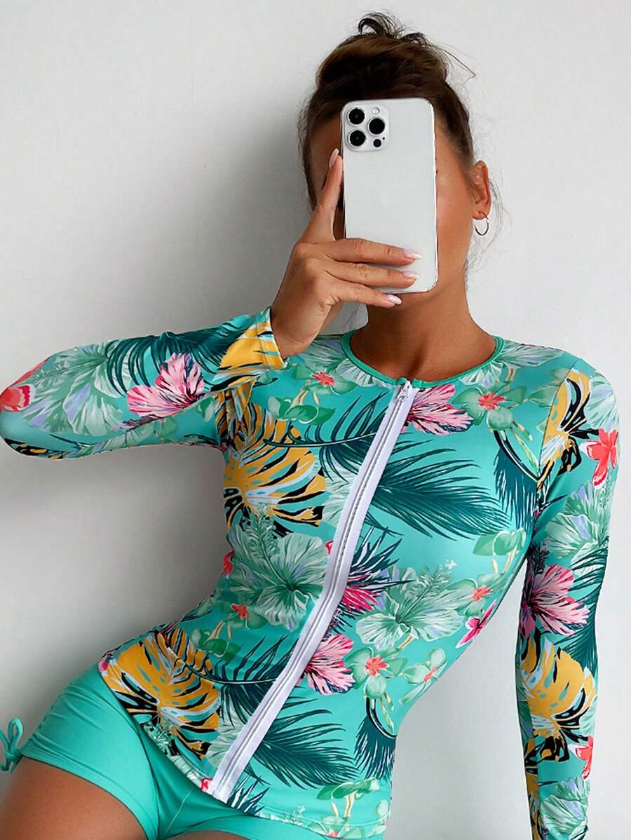 SHEIN Swim Summer Beach Tropical Print Zip Front Rashguard - Mint Blue - View 1