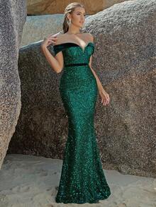 ADYCE Vestido de vestir de hombros descubiertos con lentejuelas bajo sirena - Verde - Ver 4