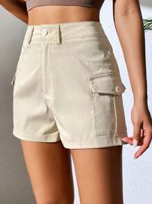 SHEIN Unity 側翻蓋口袋工裝短褲 - 卡其色 - 查看 6