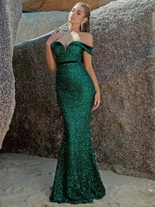 ADYCE Vestido de vestir de hombros descubiertos con lentejuelas bajo sirena - Verde - Ver 5
