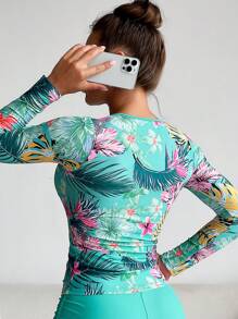 SHEIN Swim Summer Beach Tropical Print Zip Front Rashguard - Mint Blue - View 2