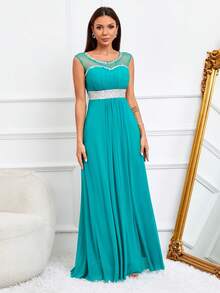 Contrast Mesh Rhinestone Detail Party Dress - Green - View 3