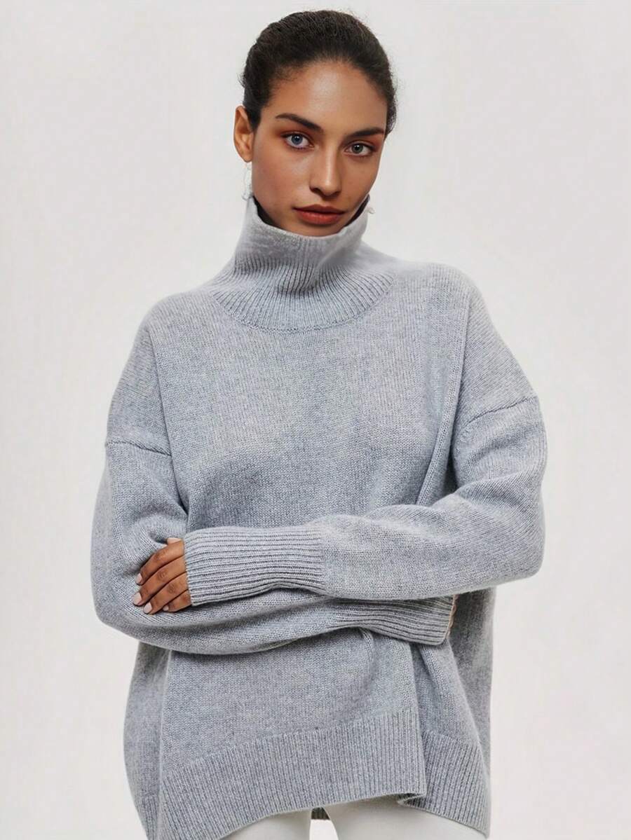 High Neck Drop Shoulder Jumper - Grey - View 1